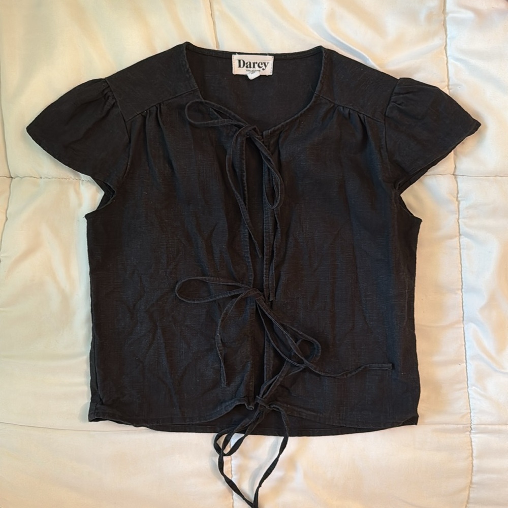 Darcy Collection Black Tie-Front Top 100% Linen